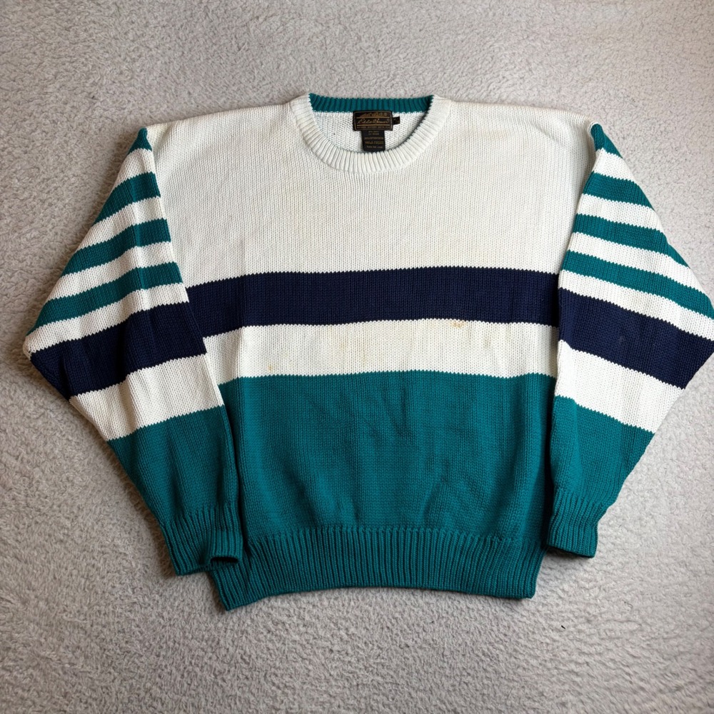 Vintage Eddie Bauer Cotton Knit Striped Sweater XL Teal Navy White Colorblock